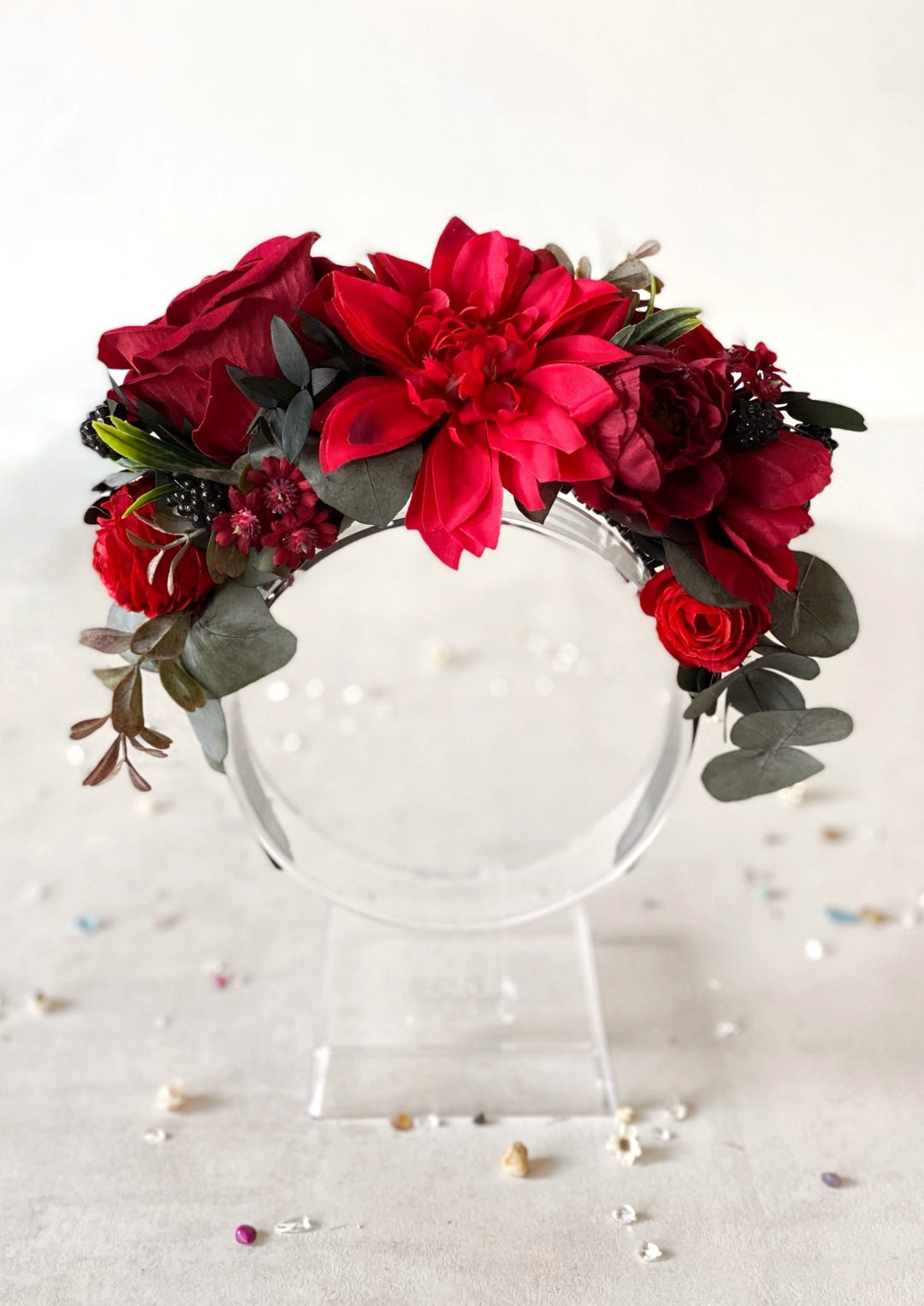 Red floral headband with blackberries and eucalyptus: Double Sided Frida crown – handmade floral hair accessory by magaela