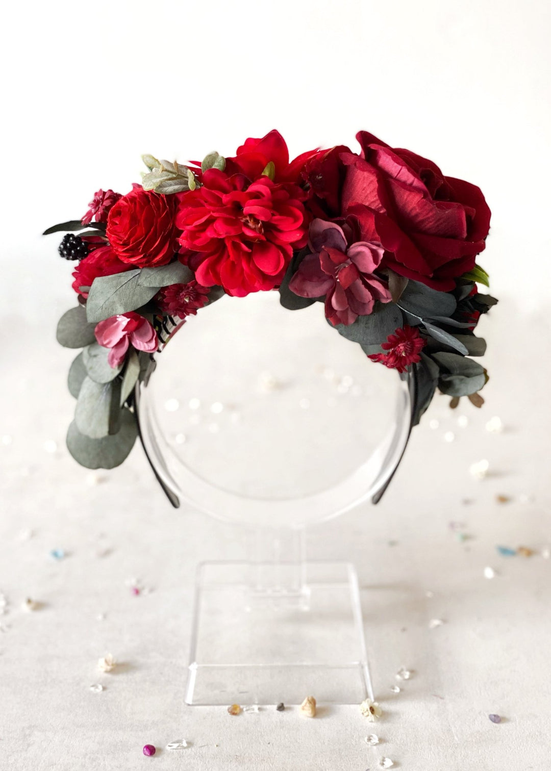 Red floral headband with blackberries and eucalyptus: Double Sided Frida crown – handmade floral hair accessory by magaela
