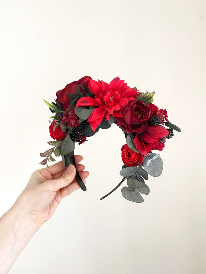 Red floral headband with blackberries and eucalyptus: Double Sided Frida crown – handmade floral hair accessory by magaela
