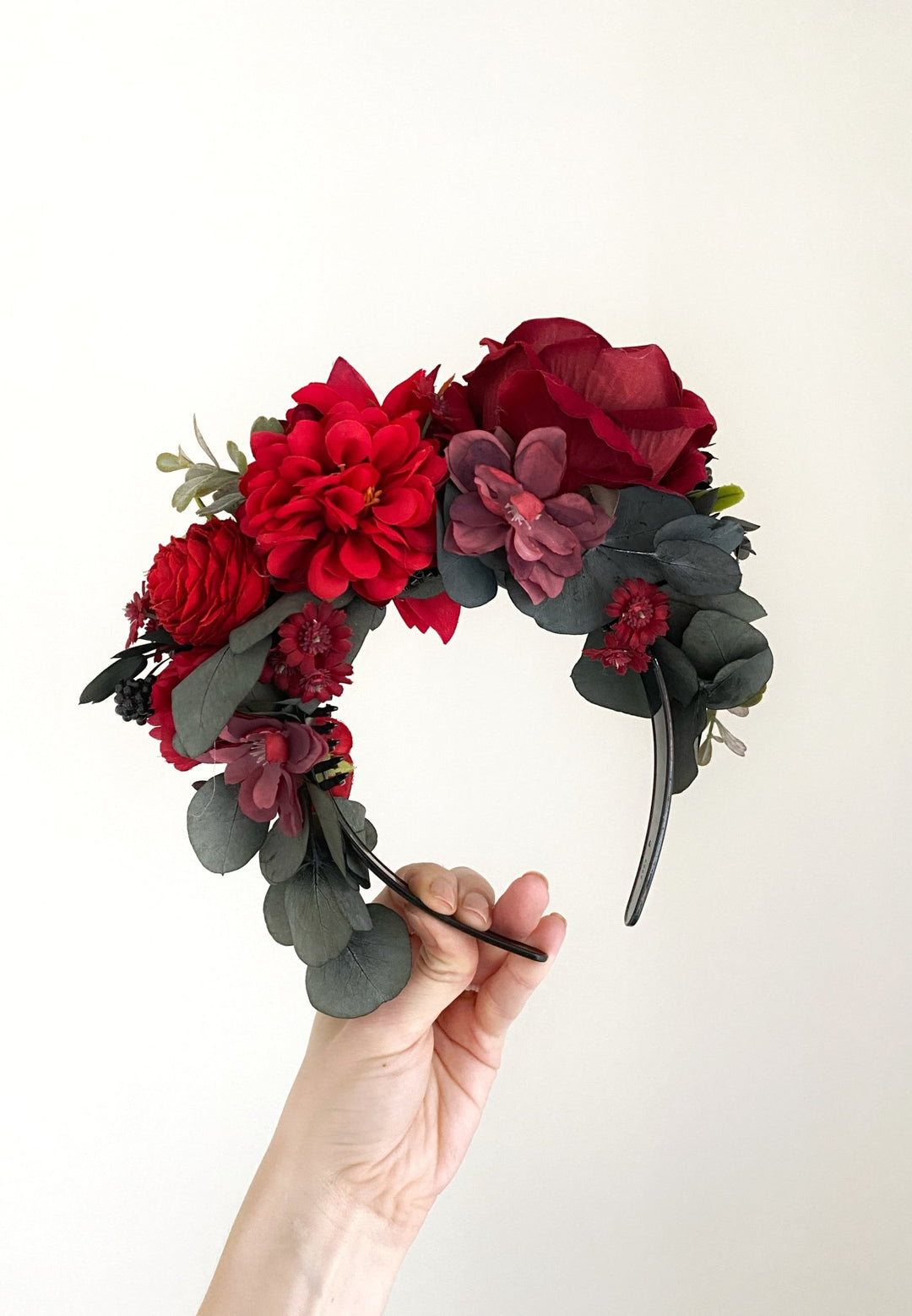 Red floral headband with blackberries and eucalyptus: Double Sided Frida crown – handmade floral hair accessory by magaela