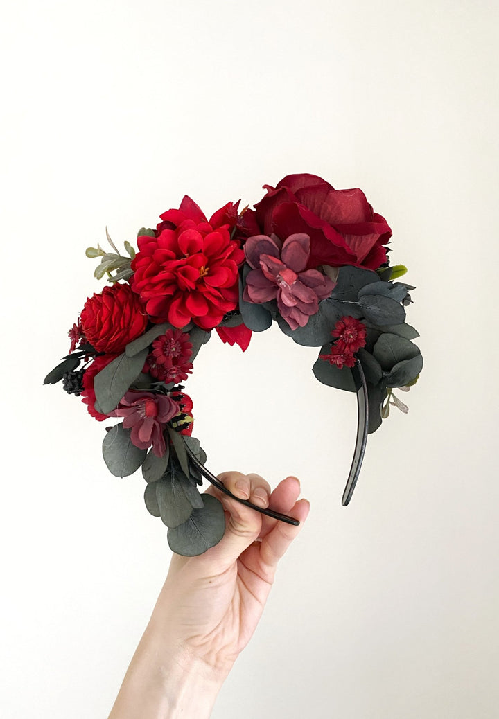 Red floral headband with blackberries and eucalyptus: Double Sided Frida crown – handmade floral hair accessory by magaela