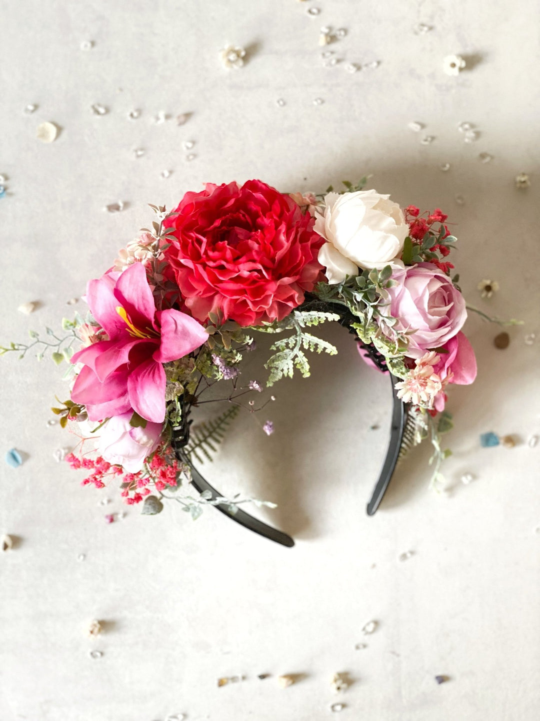 Romantic pink floral headband: Double Sided Frida crown – handmade floral hair accessory by magaela