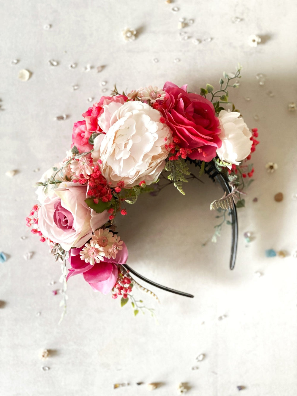 Romantic pink floral headband: Double Sided Frida crown – handmade floral hair accessory by magaela