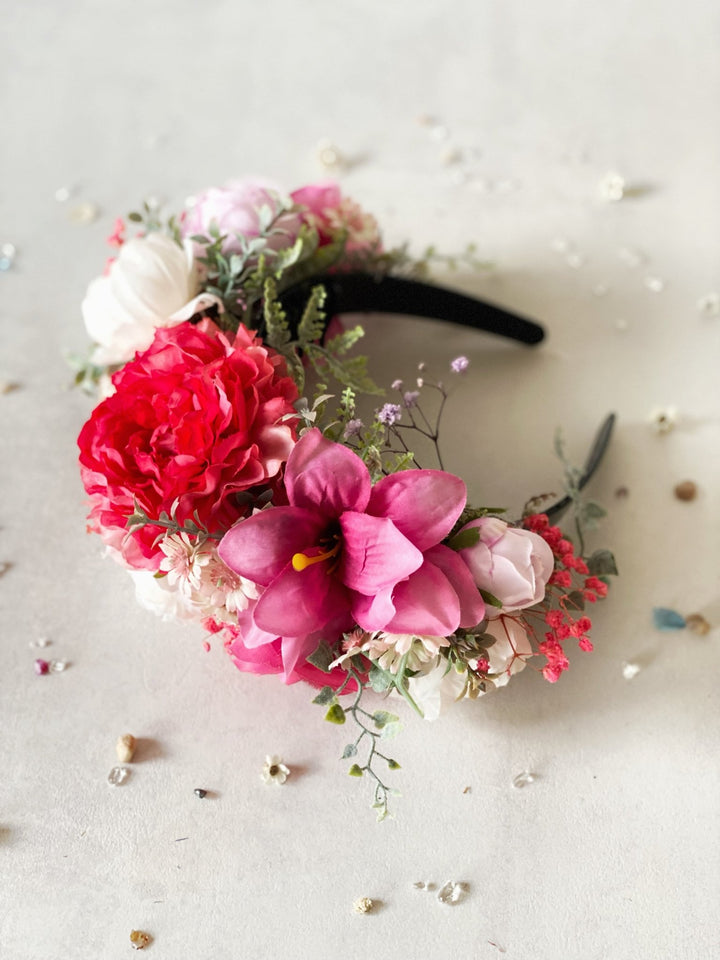 Romantic pink floral headband: Double Sided Frida crown – handmade floral hair accessory by magaela