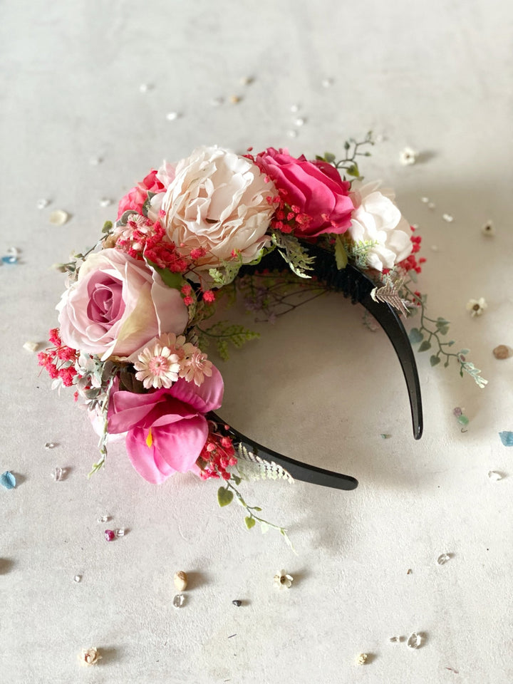 Romantic pink floral headband: Double Sided Frida crown – handmade floral hair accessory by magaela