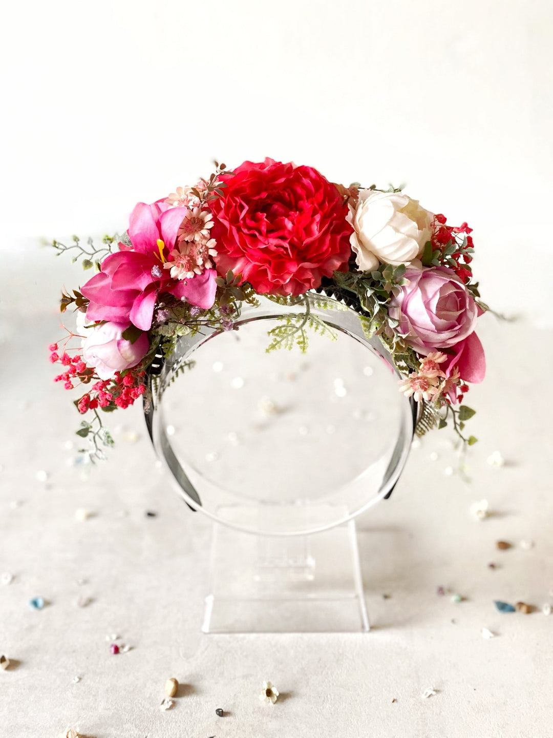 Romantic pink floral headband: Double Sided Frida crown – handmade floral hair accessory by magaela