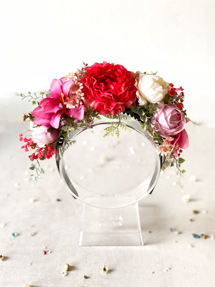 Romantic pink floral headband: Double Sided Frida crown – handmade floral hair accessory by magaela