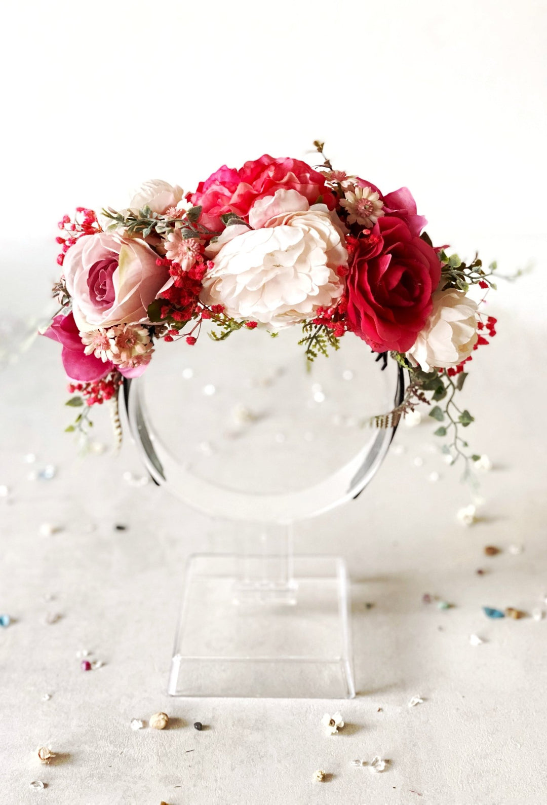 Romantic pink floral headband: Double Sided Frida crown – handmade floral hair accessory by magaela