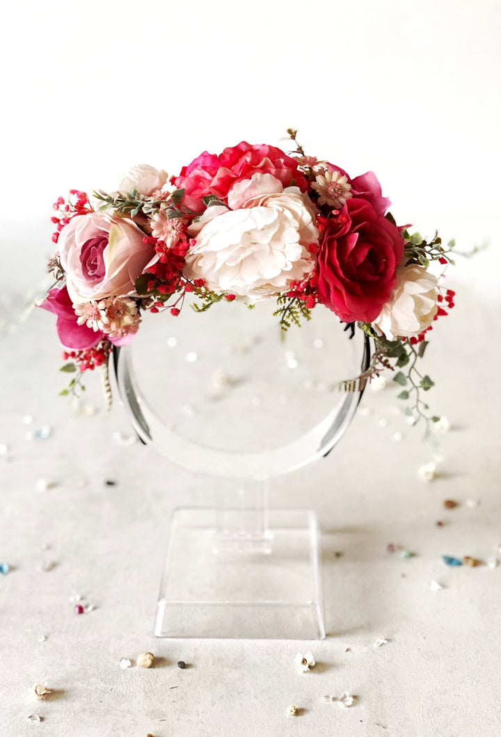 Romantic pink floral headband: Double Sided Frida crown – handmade floral hair accessory by magaela