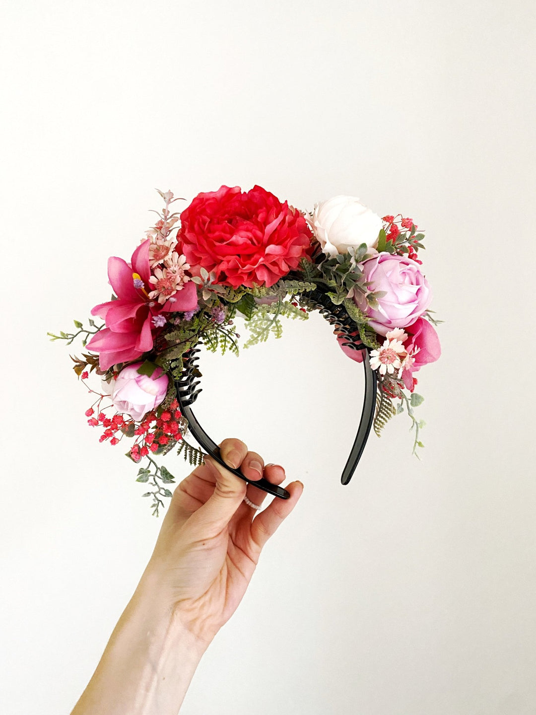 Romantic pink floral headband: Double Sided Frida crown – handmade floral hair accessory by magaela