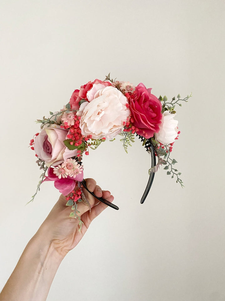 Romantic pink floral headband: Double Sided Frida crown – handmade floral hair accessory by magaela
