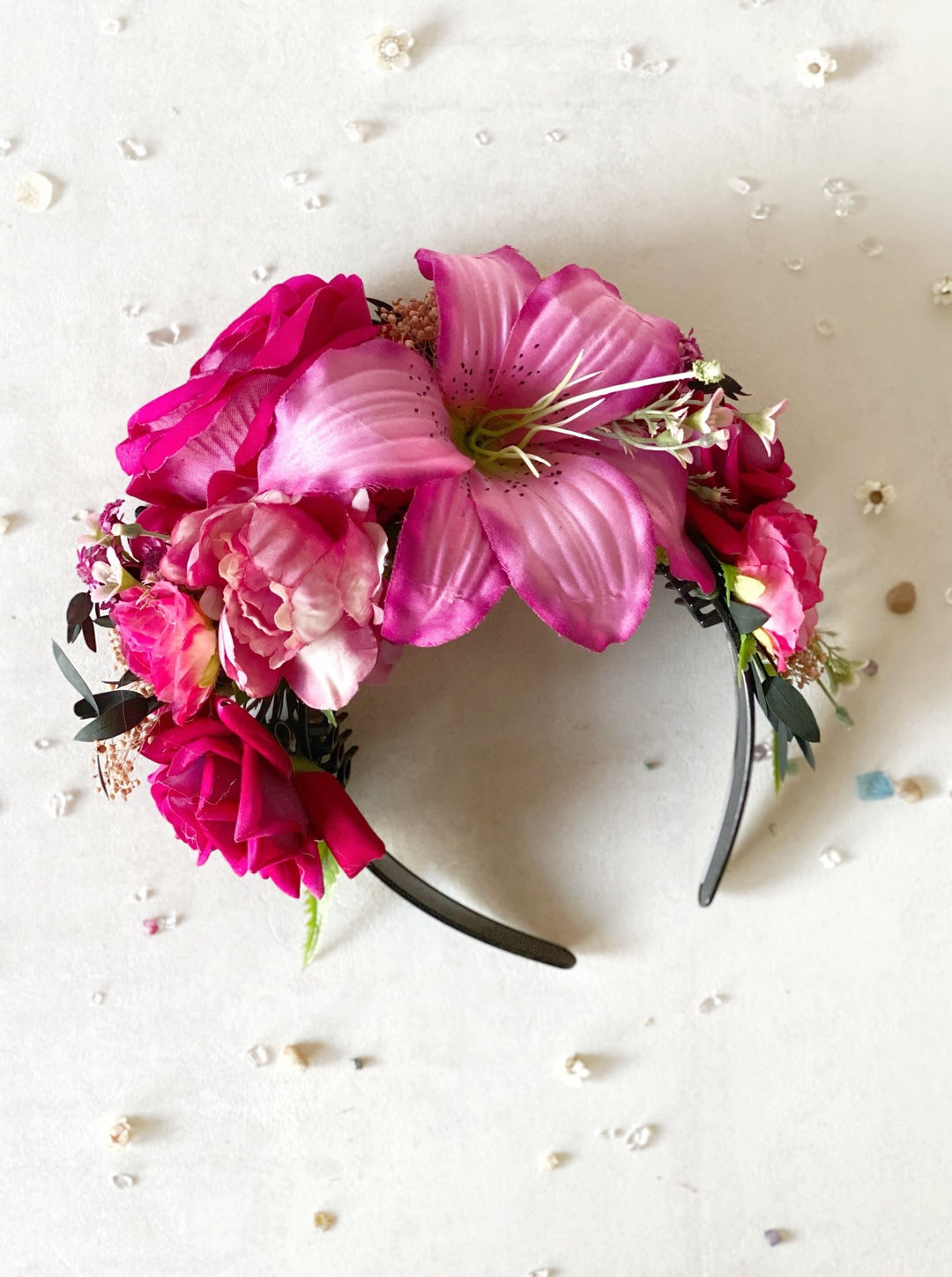 Pink lily floral headband: Double Sided Frida crown – handmade floral hair accessory by magaela