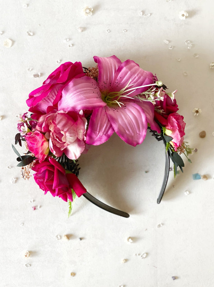 Pink lily floral headband: Double Sided Frida crown – handmade floral hair accessory by magaela