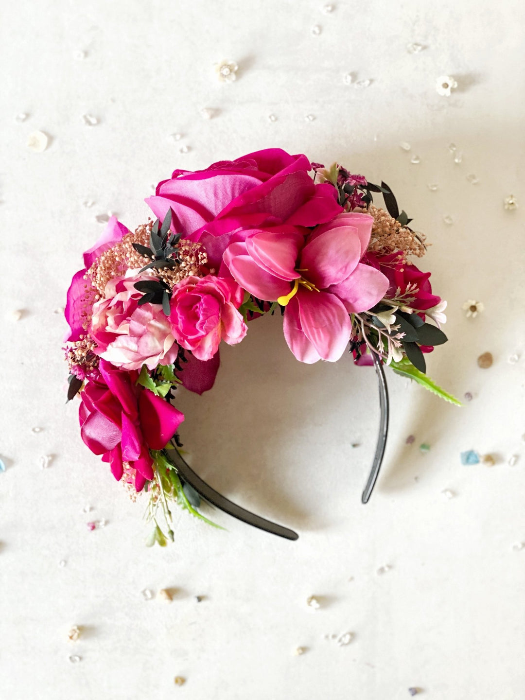 Pink lily floral headband: Double Sided Frida crown – handmade floral hair accessory by magaela