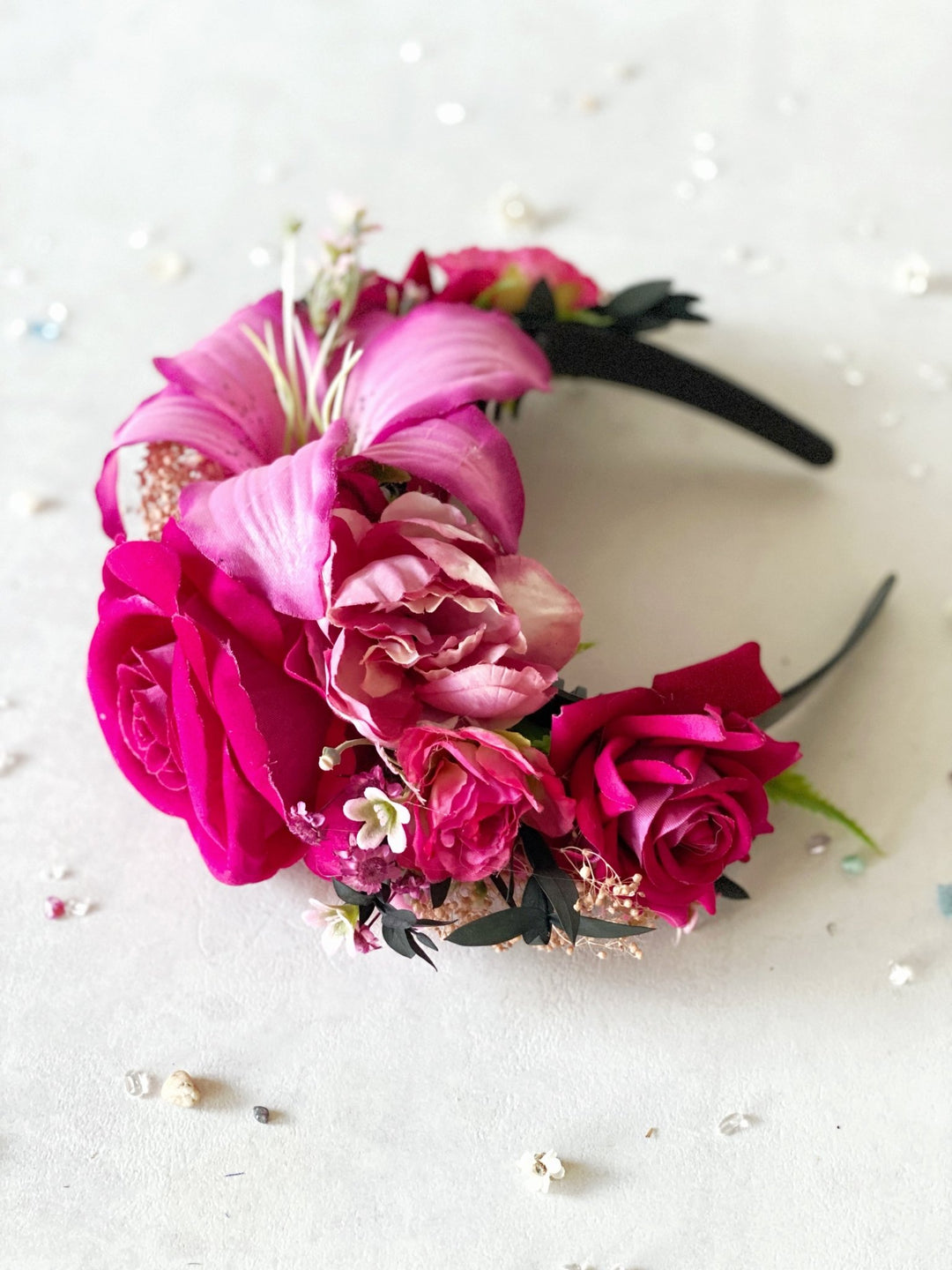 Pink lily floral headband: Double Sided Frida crown – handmade floral hair accessory by magaela