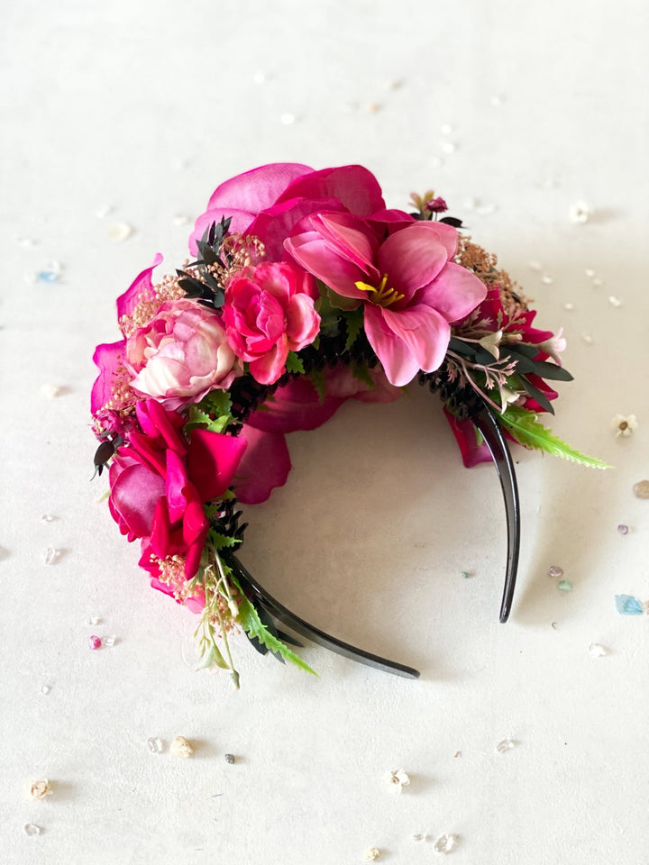 Pink lily floral headband: Double Sided Frida crown – handmade floral hair accessory by magaela