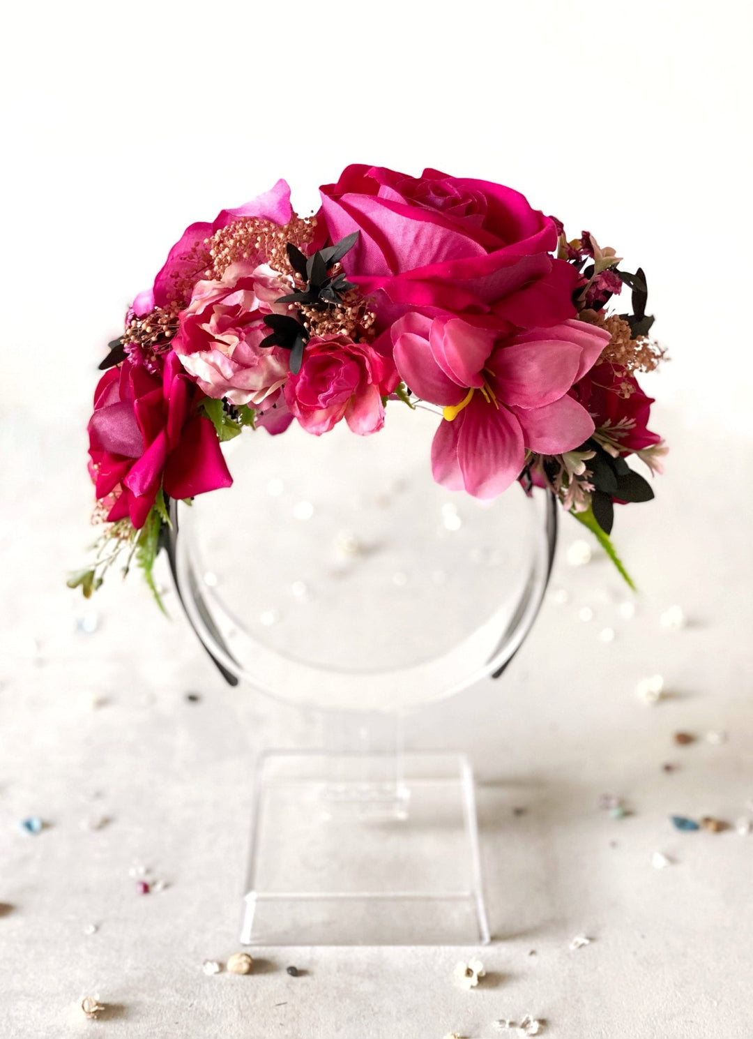 Pink lily floral headband: Double Sided Frida crown – handmade floral hair accessory by magaela