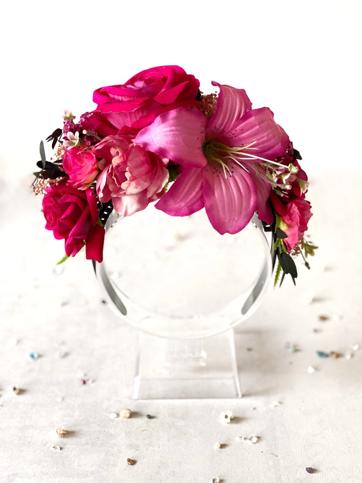 Pink lily floral headband: Double Sided Frida crown – handmade floral hair accessory by magaela