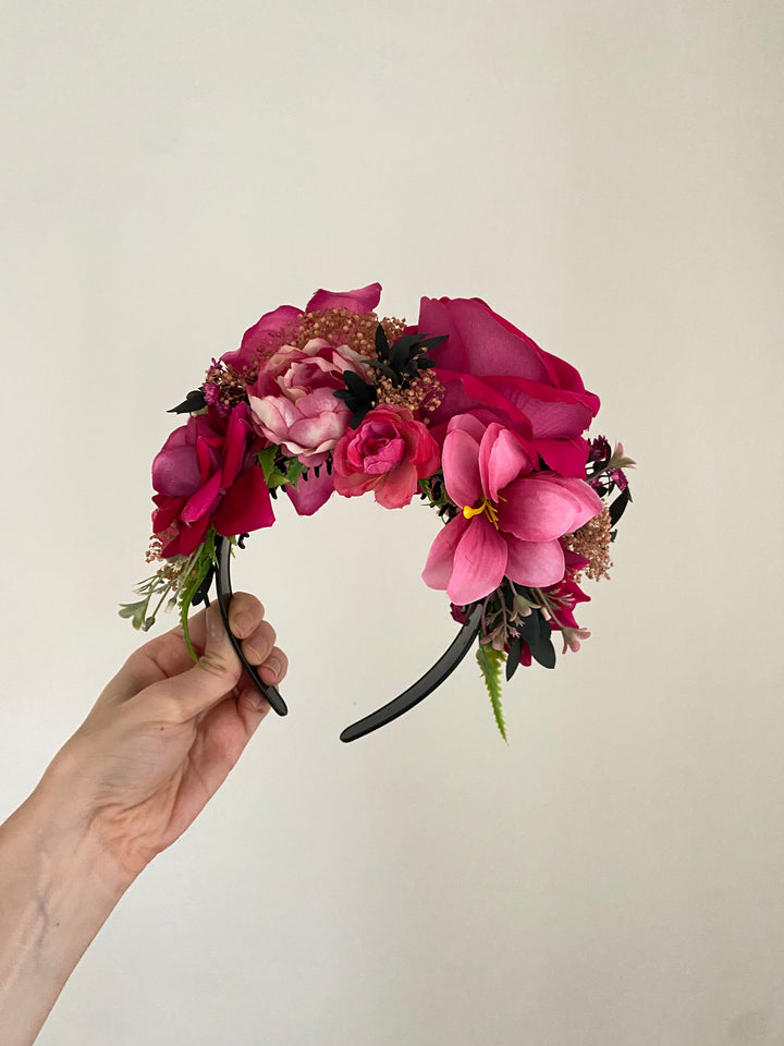 Pink lily floral headband: Double Sided Frida crown