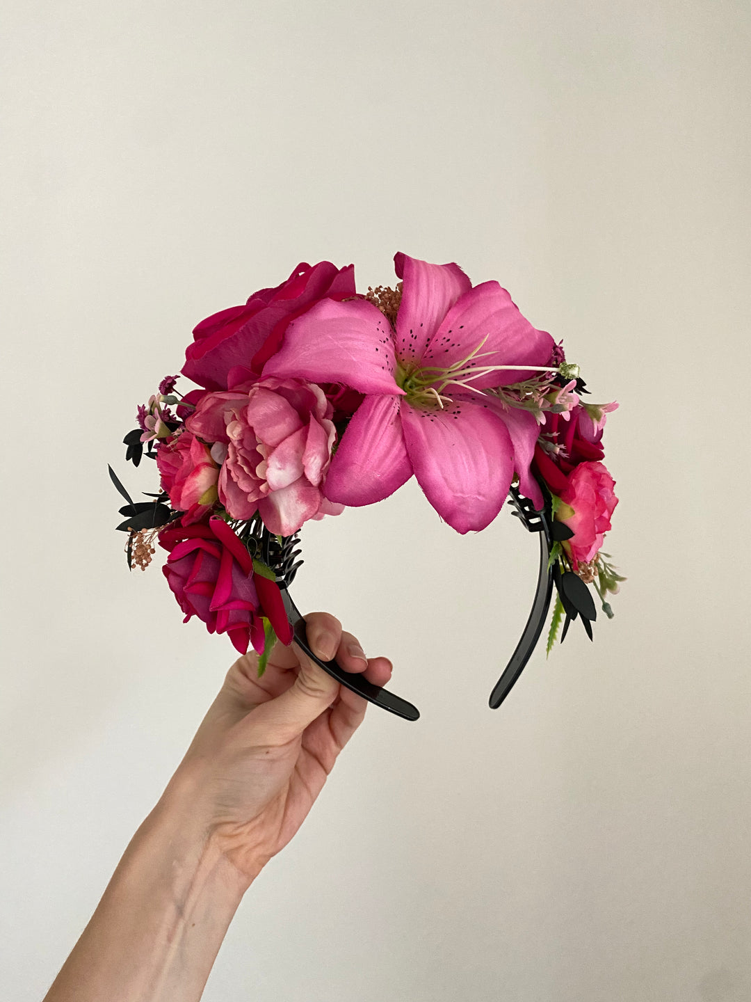 Pink lily floral headband: Double Sided Frida crown