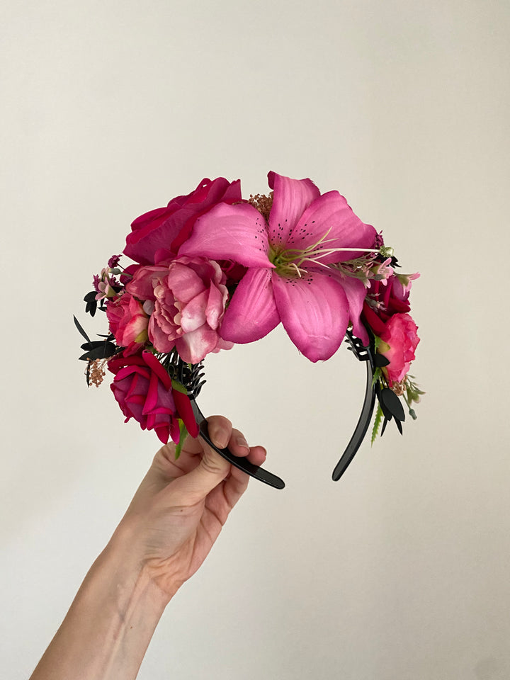 Pink lily floral headband: Double Sided Frida crown