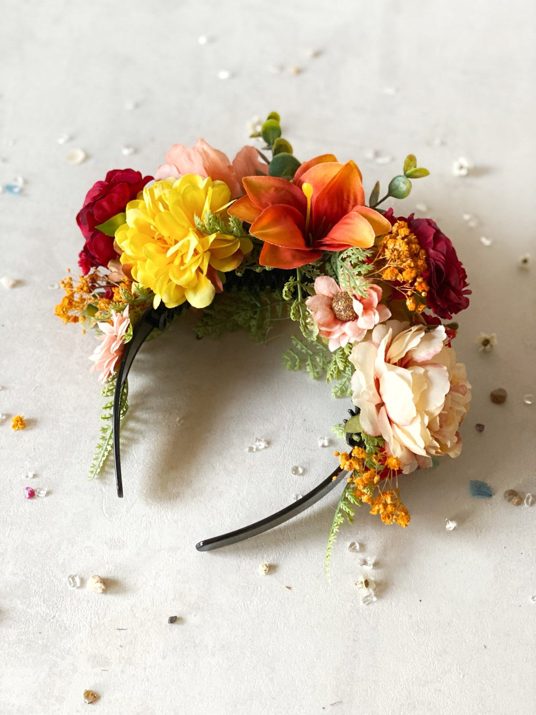 Summer floral headband: Double Sided Frida crown – handmade floral hair accessory by magaela