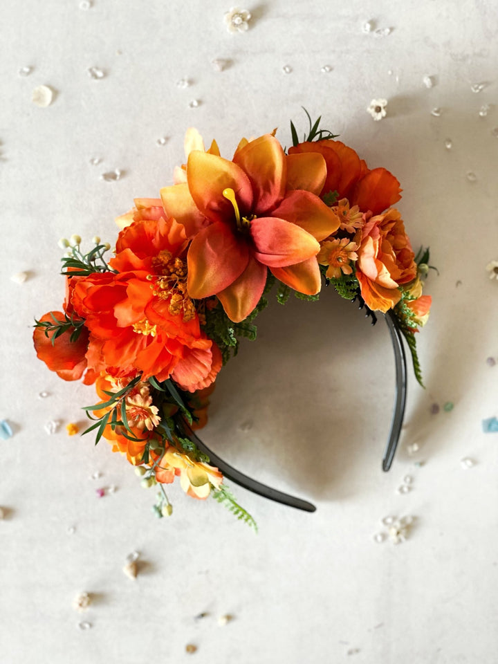 Terracotta boho floral headband: Double Sided Frida crown – handmade floral hair accessory by magaela
