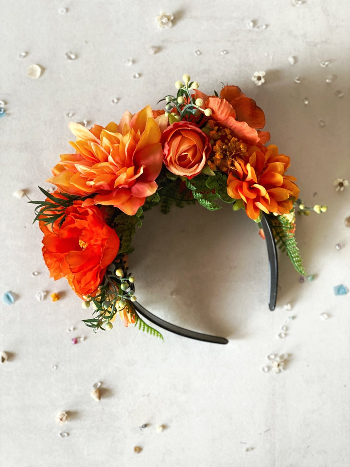 Terracotta boho floral headband: Double Sided Frida crown – handmade floral hair accessory by magaela