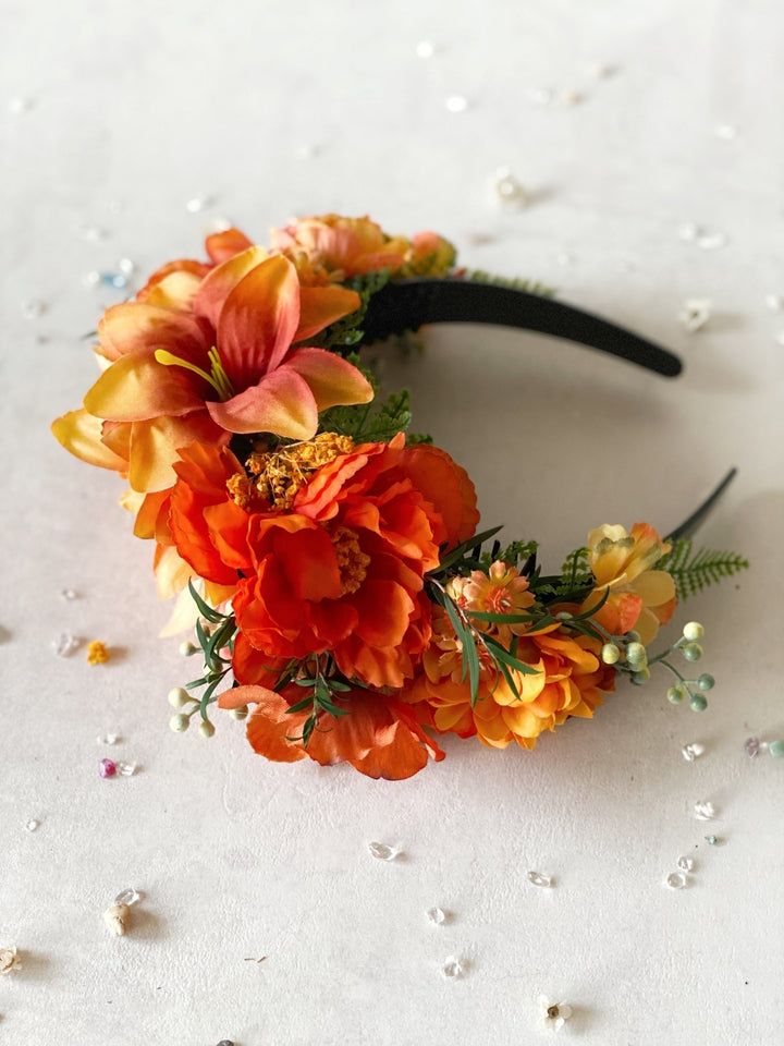 Terracotta boho floral headband: Double Sided Frida crown – handmade floral hair accessory by magaela