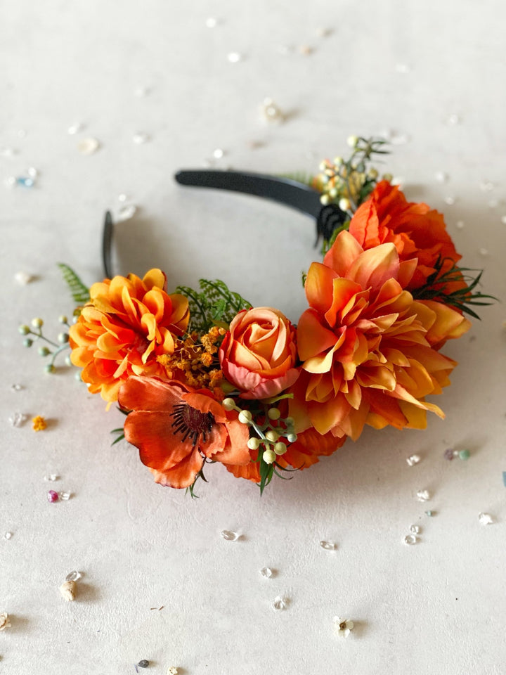 Terracotta boho floral headband: Double Sided Frida crown – handmade floral hair accessory by magaela