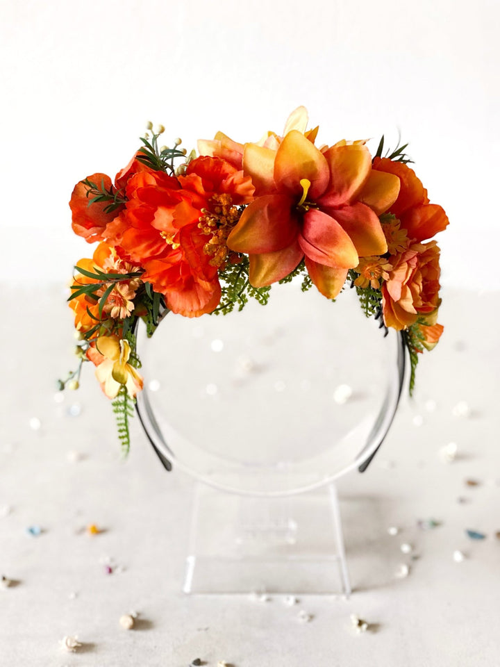 Terracotta boho floral headband: Double Sided Frida crown – handmade floral hair accessory by magaela