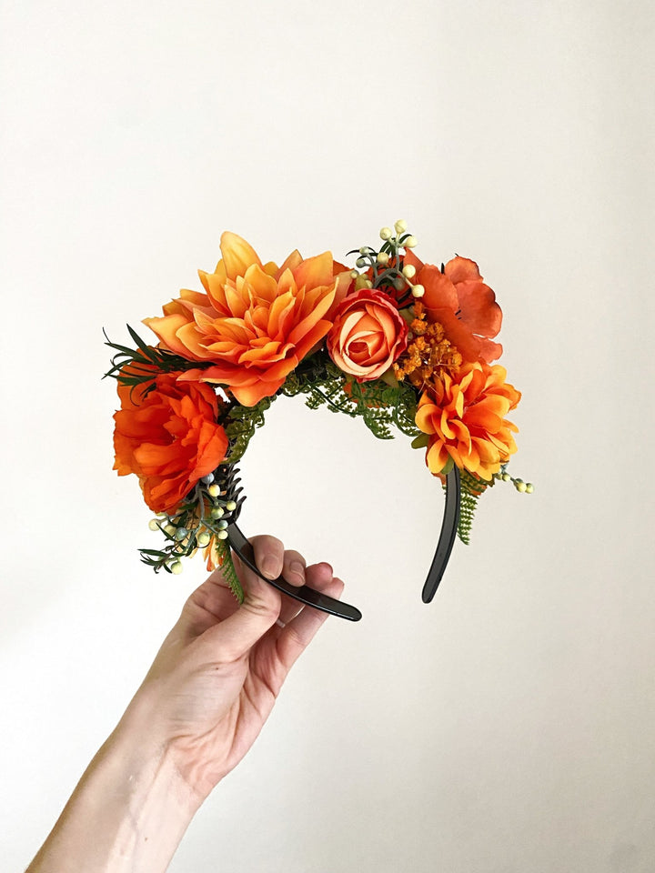 Terracotta boho floral headband: Double Sided Frida crown – handmade floral hair accessory by magaela