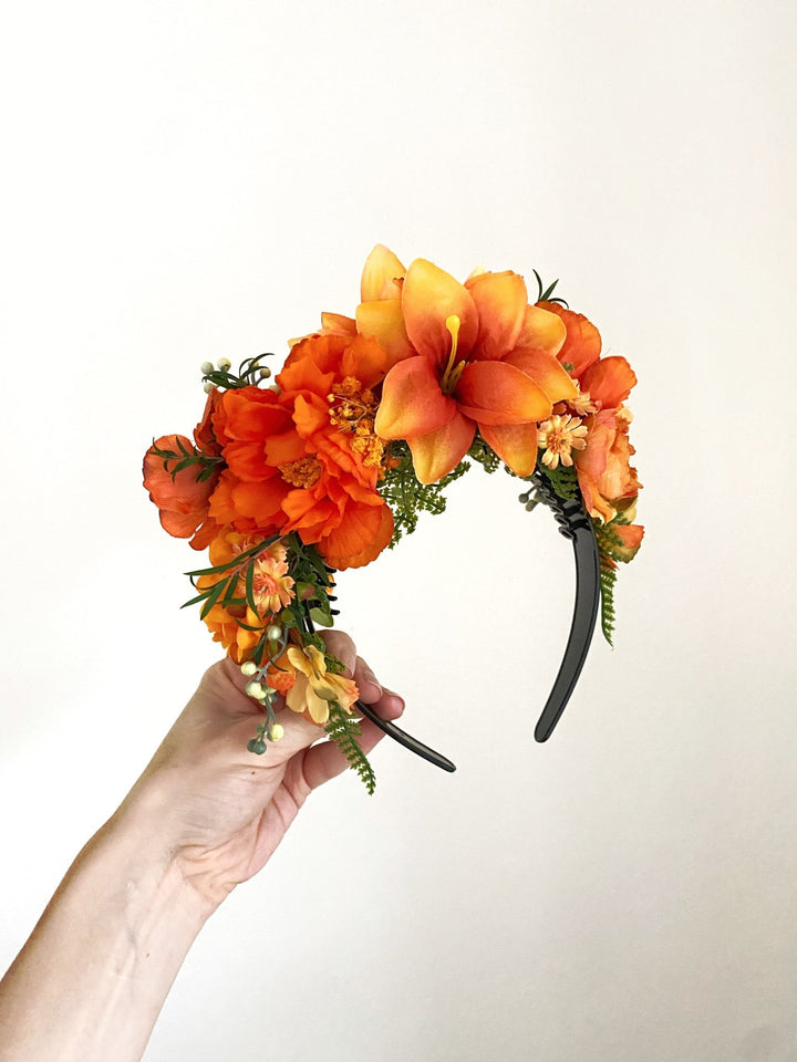 Terracotta boho floral headband: Double Sided Frida crown – handmade floral hair accessory by magaela