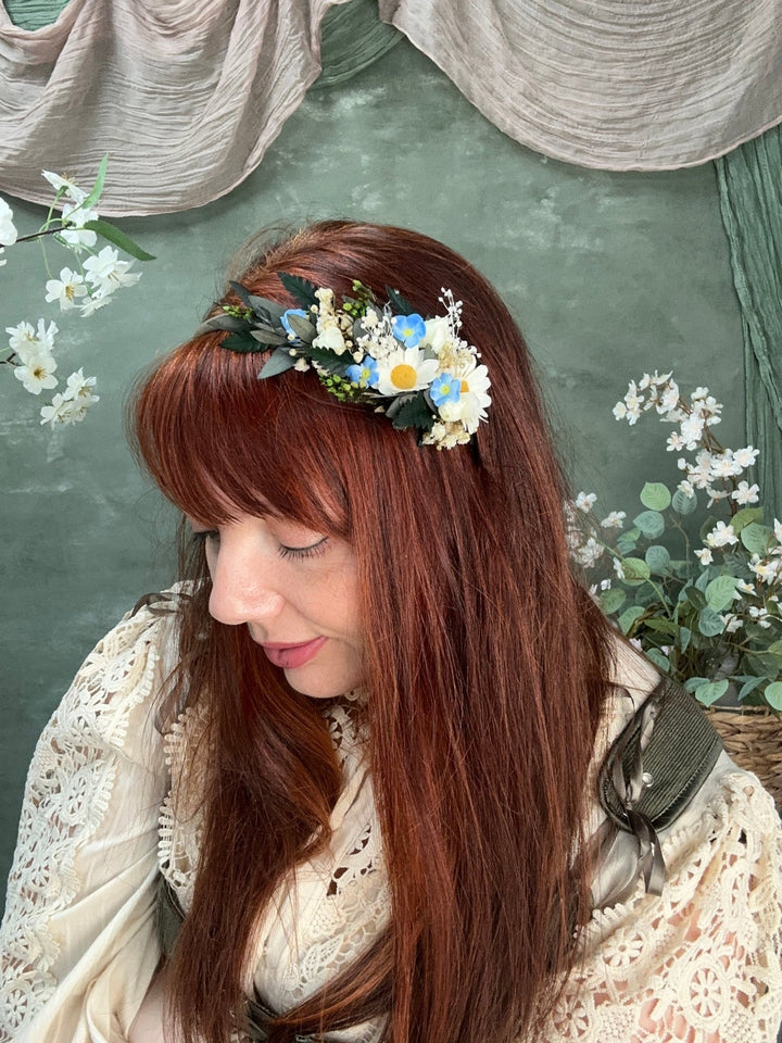 Side Floral Headband with Daisies, Forget-Me-Nots and Gypsophila – handmade floral hair accessory by magaela