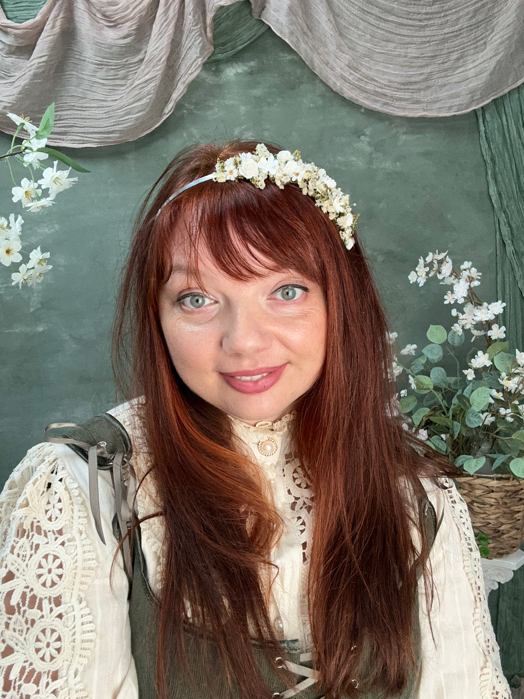 Floral Headband with Roses, Ixodia and Gypsophila | White and Cream | Side Design