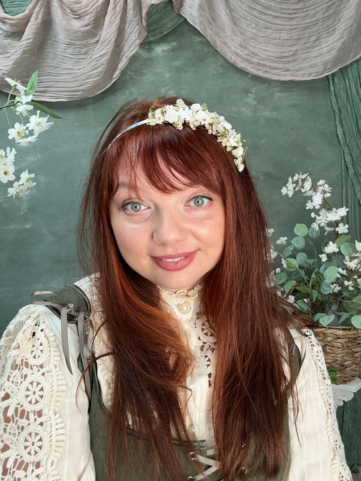 Floral Headband with Roses, Ixodia and Gypsophila | White and Cream | Side Design