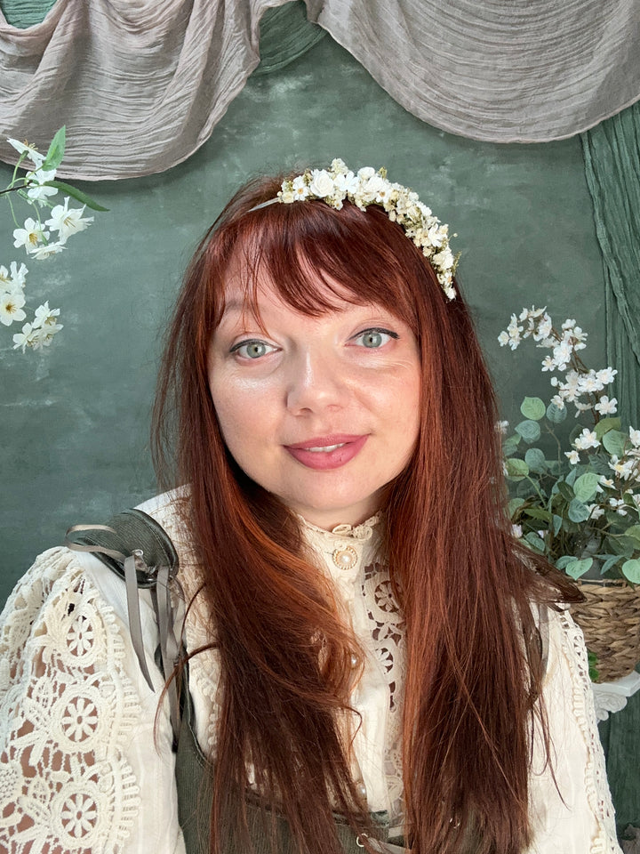 Floral Headband with Roses, Ixodia and Gypsophila | White and Cream | Side Design