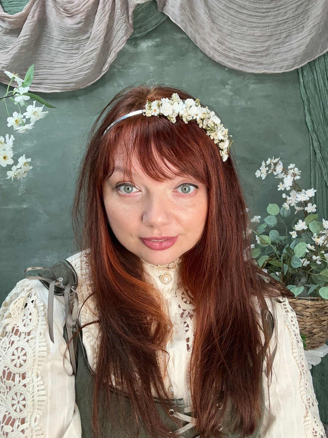 Floral Headband with Roses, Ixodia and Gypsophila | White and Cream | Side Design