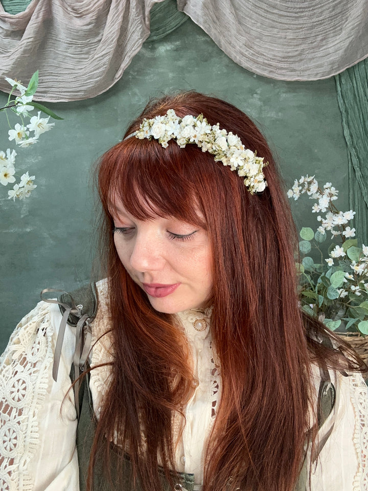 Floral Headband with Roses, Ixodia and Gypsophila | White and Cream | Side Design