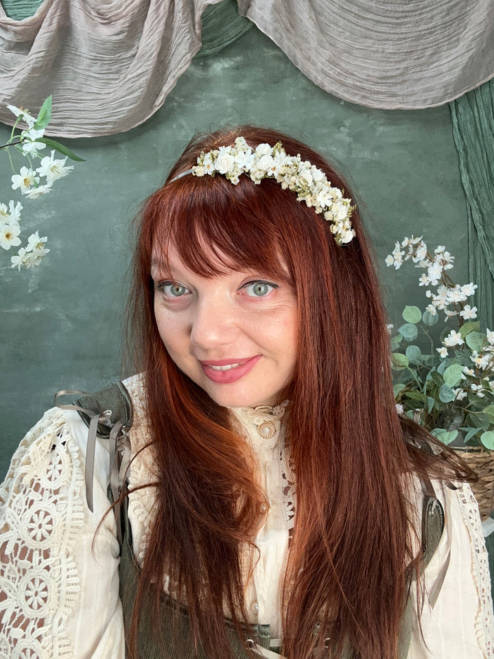 Floral Headband with Roses, Ixodia and Gypsophila | White and Cream | Side Design
