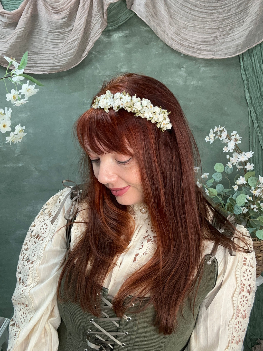 Floral Headband with Roses, Ixodia and Gypsophila | White and Cream | Side Design