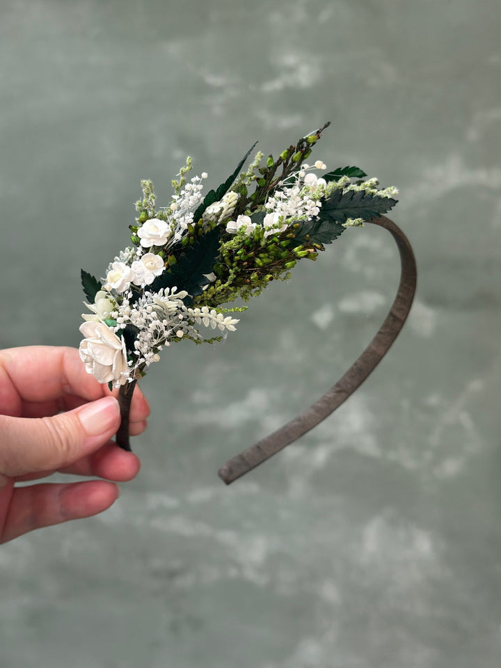 Side Floral Headband with Paper Rose, White Florals and Preserved Greenery – handmade floral hair accessory by magaela