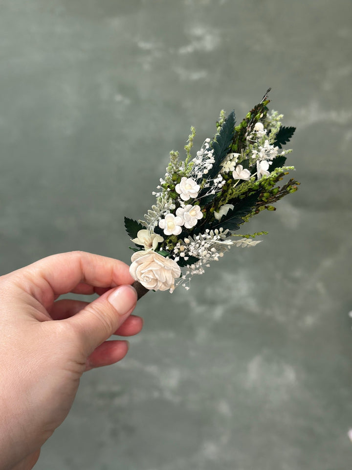 Side Floral Headband with Paper Rose, White Florals and Preserved Greenery – handmade floral hair accessory by magaela