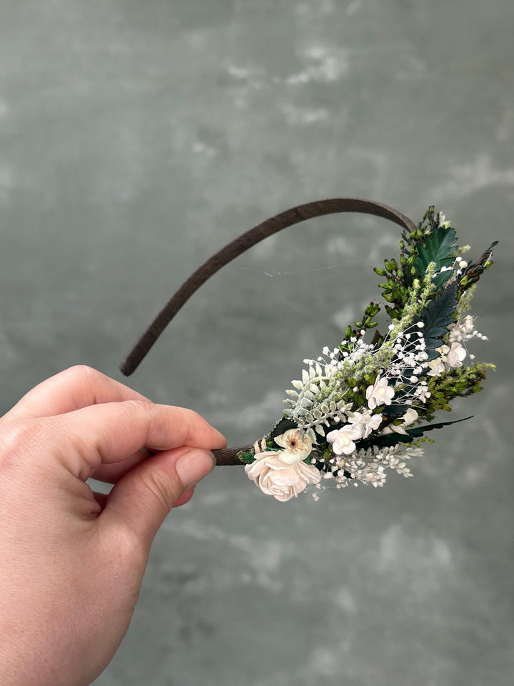 Side Floral Headband with Paper Rose, White Florals and Preserved Greenery – handmade floral hair accessory by magaela
