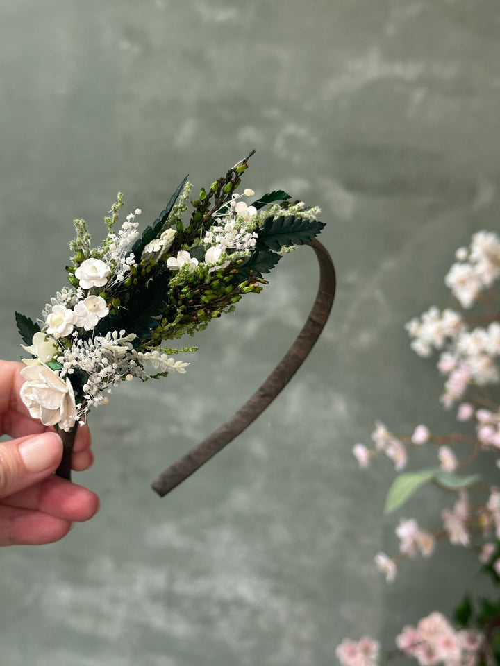 Side Floral Headband with Paper Rose, White Florals and Preserved Greenery – handmade floral hair accessory by magaela