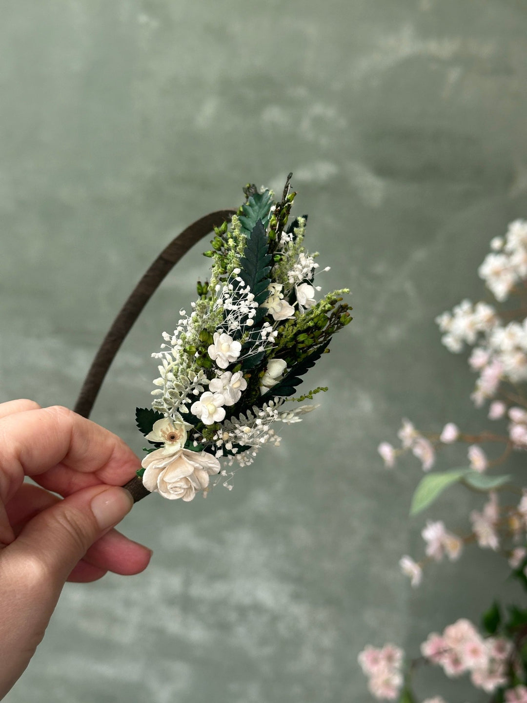 Side Floral Headband with Paper Rose, White Florals and Preserved Greenery – handmade floral hair accessory by magaela