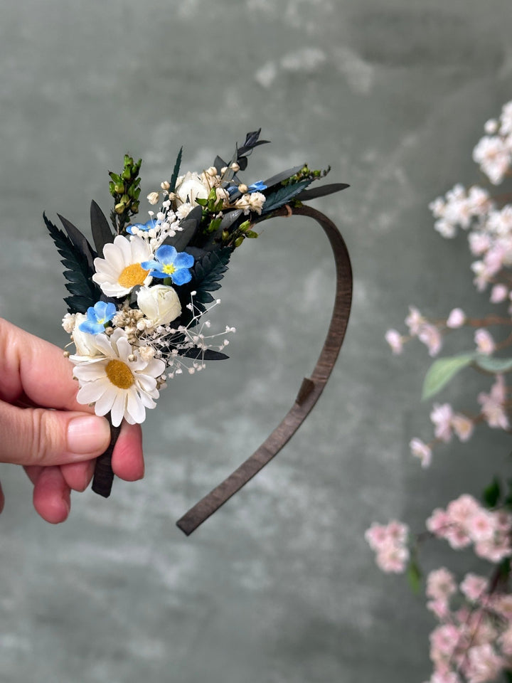 Side Floral Headband with Daisies, Forget-Me-Nots and Gypsophila – handmade floral hair accessory by magaela