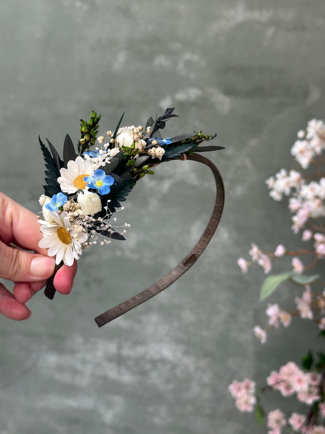 Side Floral Headband with Daisies, Forget-Me-Nots and Gypsophila – handmade floral hair accessory by magaela