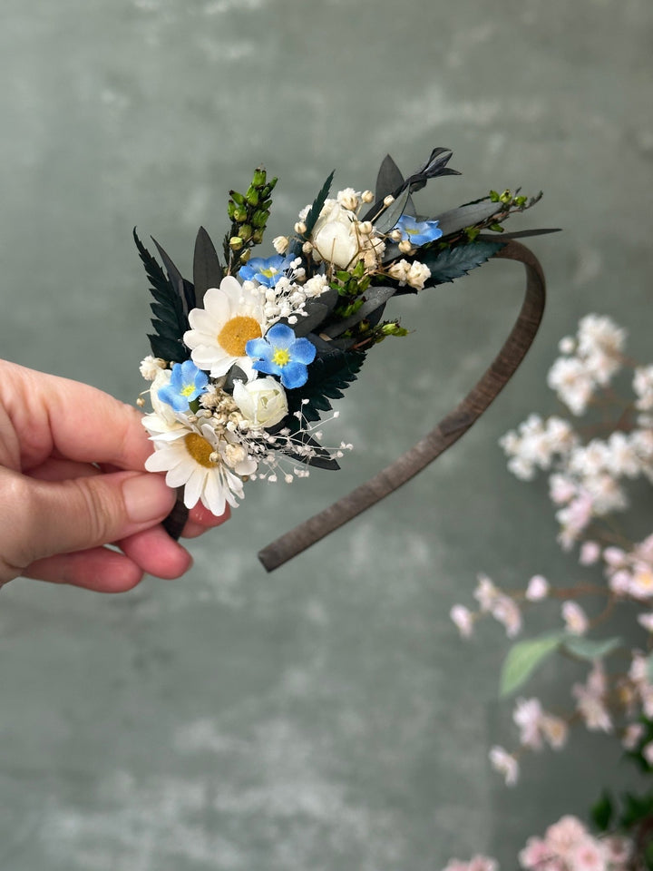 Side Floral Headband with Daisies, Forget-Me-Nots and Gypsophila – handmade floral hair accessory by magaela