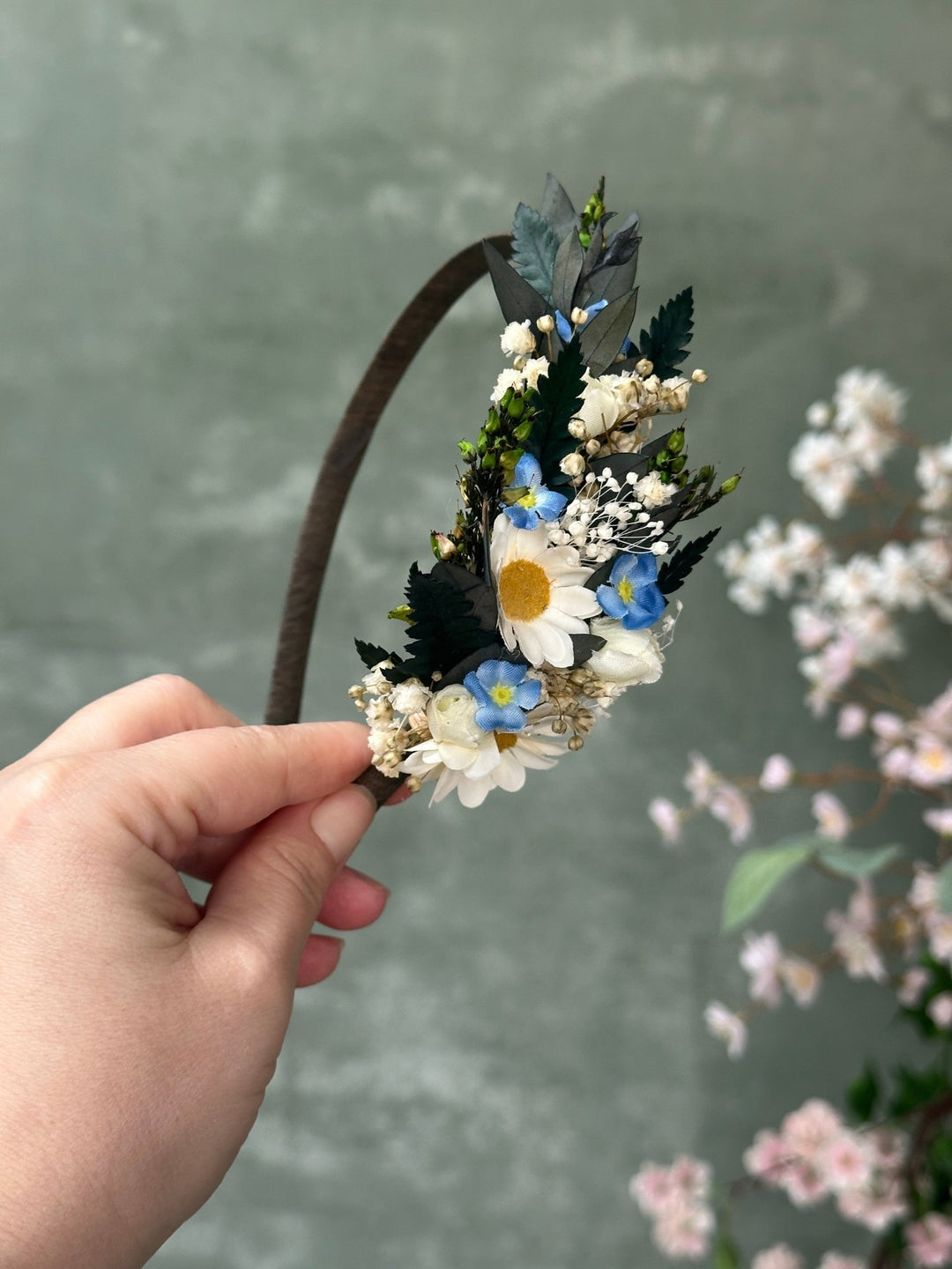 Side Floral Headband with Daisies, Forget-Me-Nots and Gypsophila – handmade floral hair accessory by magaela